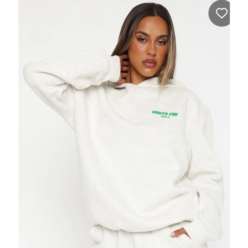 New Women's White Fox Boutique Hoodie M/L Glacier Gray/Green writing.